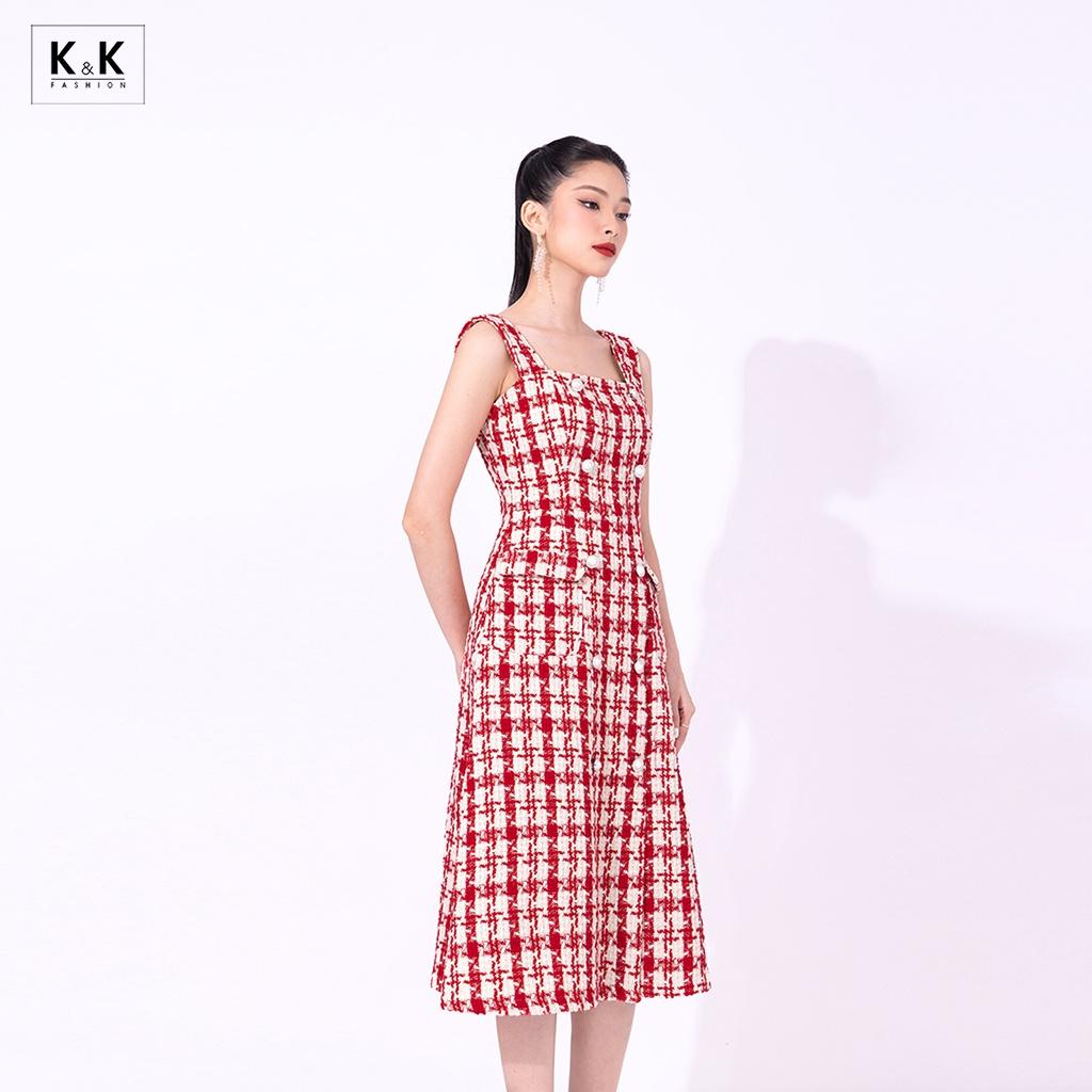 Đầm Dự Tiệc Midi Hai Dây Phối Túi K&amp;K Fashion KK130-03 Chất Liệu Tweed