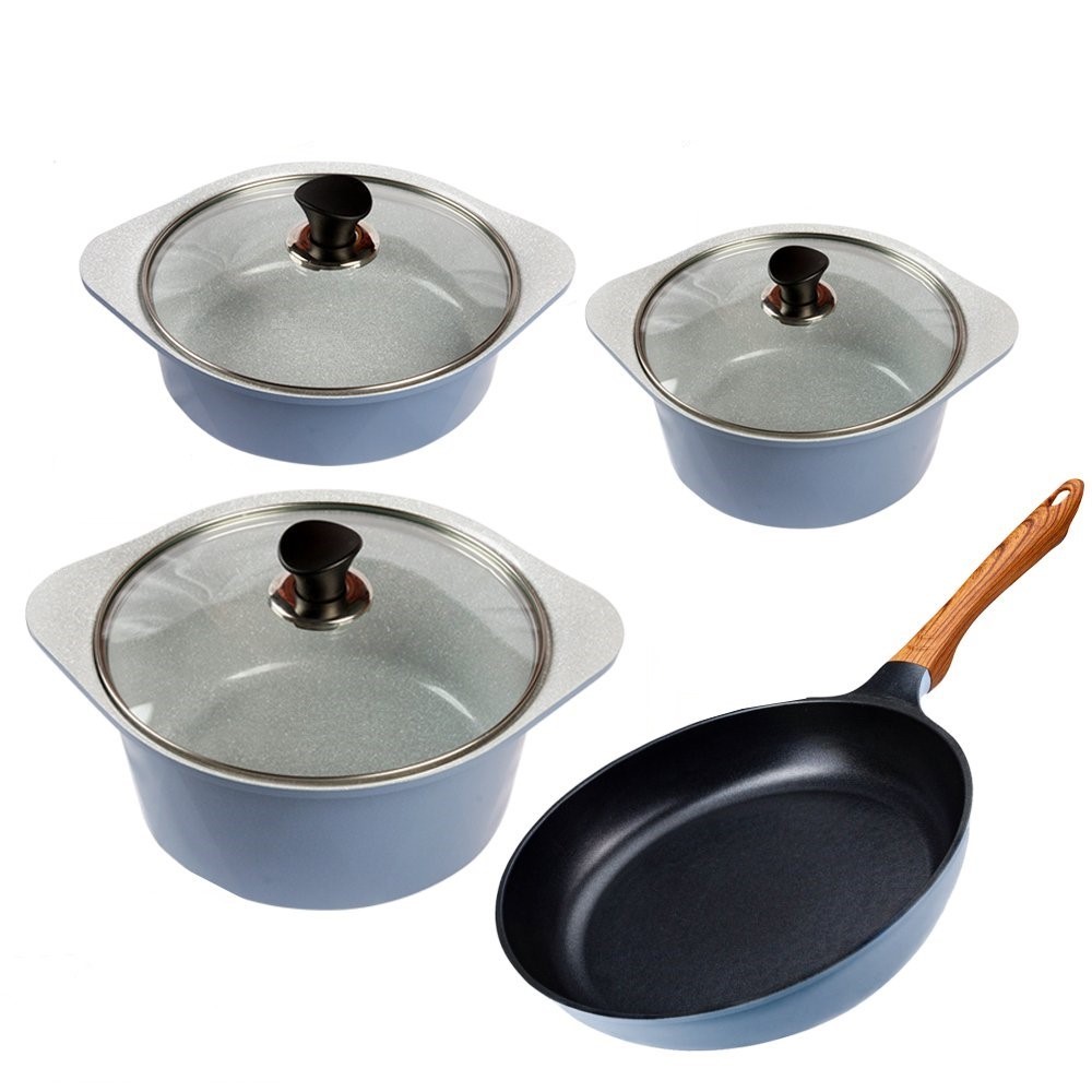 Combo 4 món, nồi đúc ceramic cao cấp 20 cm, 22 cm, 24 cm, chảo 26 cm dùng được bếp từ