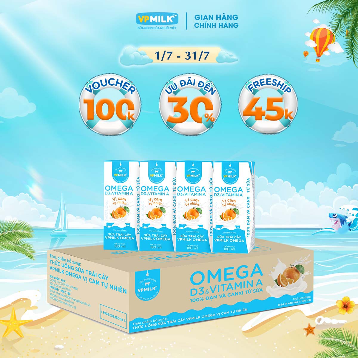 Sữa trái cây VPMILK Omega vị CAM tự nhiên cho bé trên 1 tuổi hộp 180ml (Thùng 48 hộp)