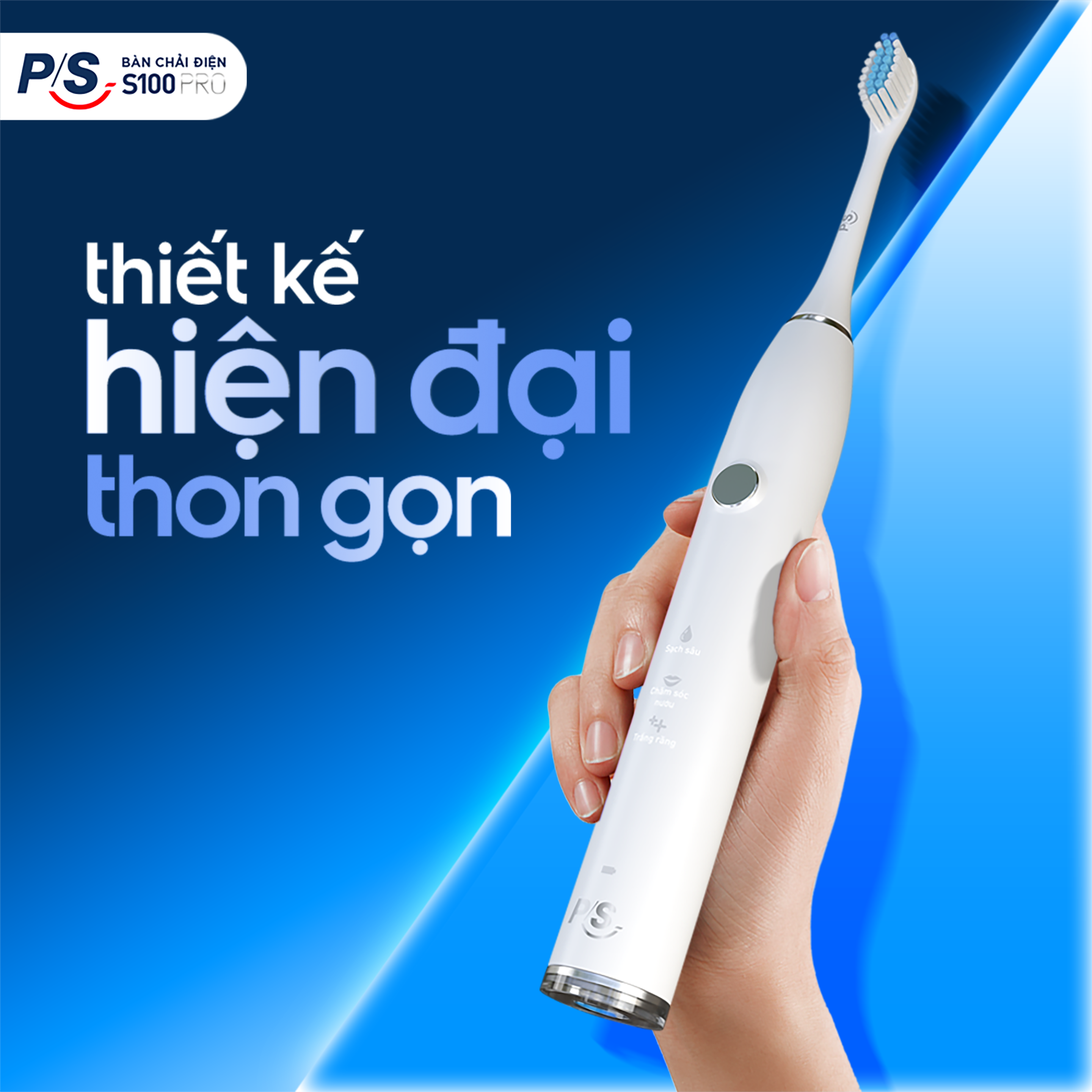 Bàn Chải Điện P/S S100 PRO - Công Nghệ Sóng Âm, Chải Sạch Mảng Bám Tới 10X - Trắng Sáng