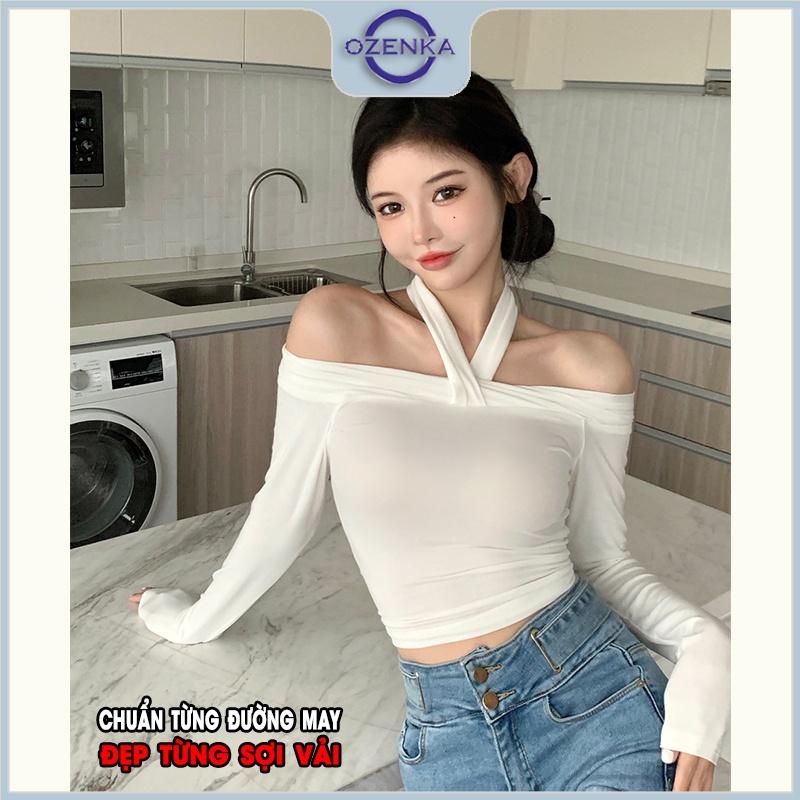 Áo croptop nữ tay dài trễ vai cổ v OZENKA , áo crt ôm body thun 100% cotton màu đen trắng gợi cảm dưới 55 kg