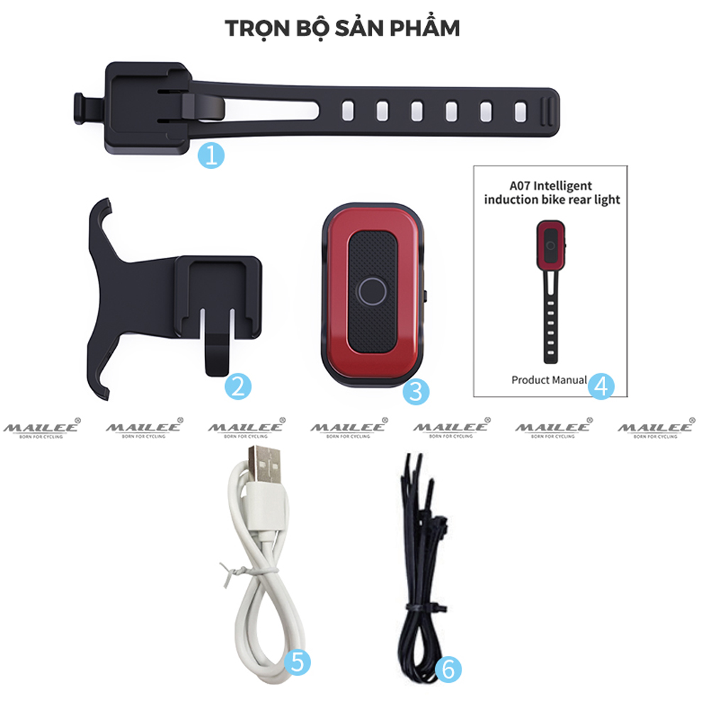 Đèn Sau Xe Đạp Có Cảm Biến Phanh và Chuyển động A07, 16 bóng LED, 7 chế độ sáng, tự động tắt khi không sử dụng, 800 mAH, sử dụng lên đến 35h - Mai Lee