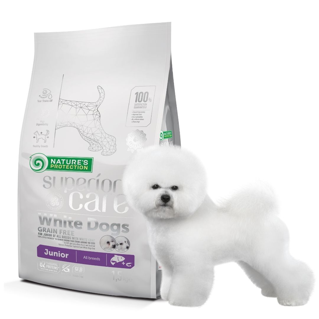 NATURE’S PROTECTION SUPERIOR CARE WHITE DOGS GRAIN FREE JUNIOR, 1.5g Thức ăn Không Ngũ Cốc cho tất cả các giống chó lông trắng đang phát triển Từ 3 – 12 tháng tuổi