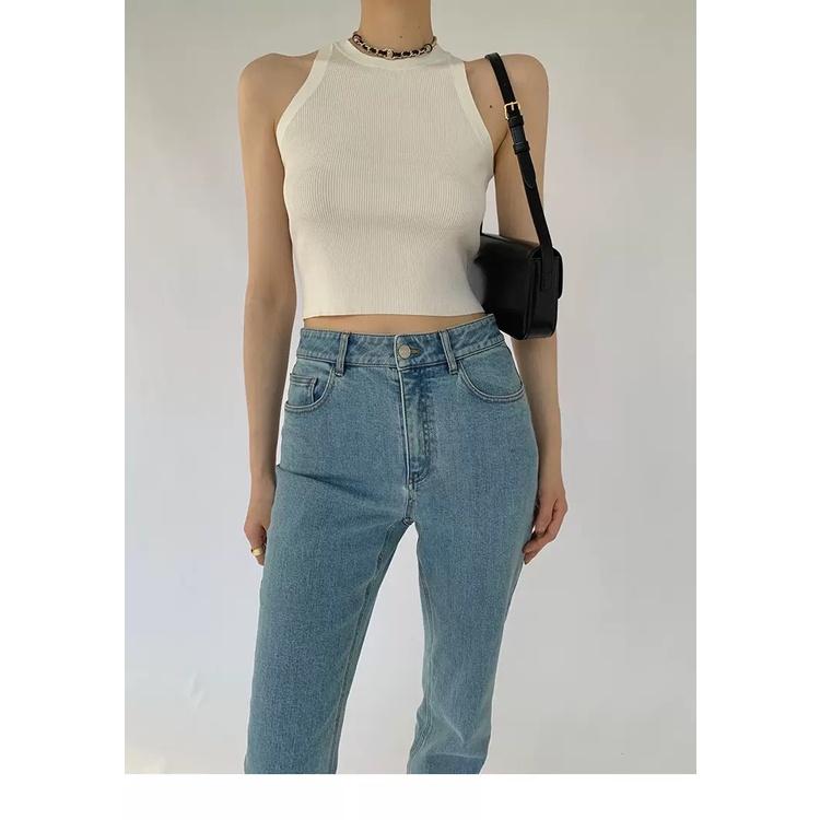 MS675 Áo kiểu nữ cổ yếm croptop dệt kim màu trơn basic