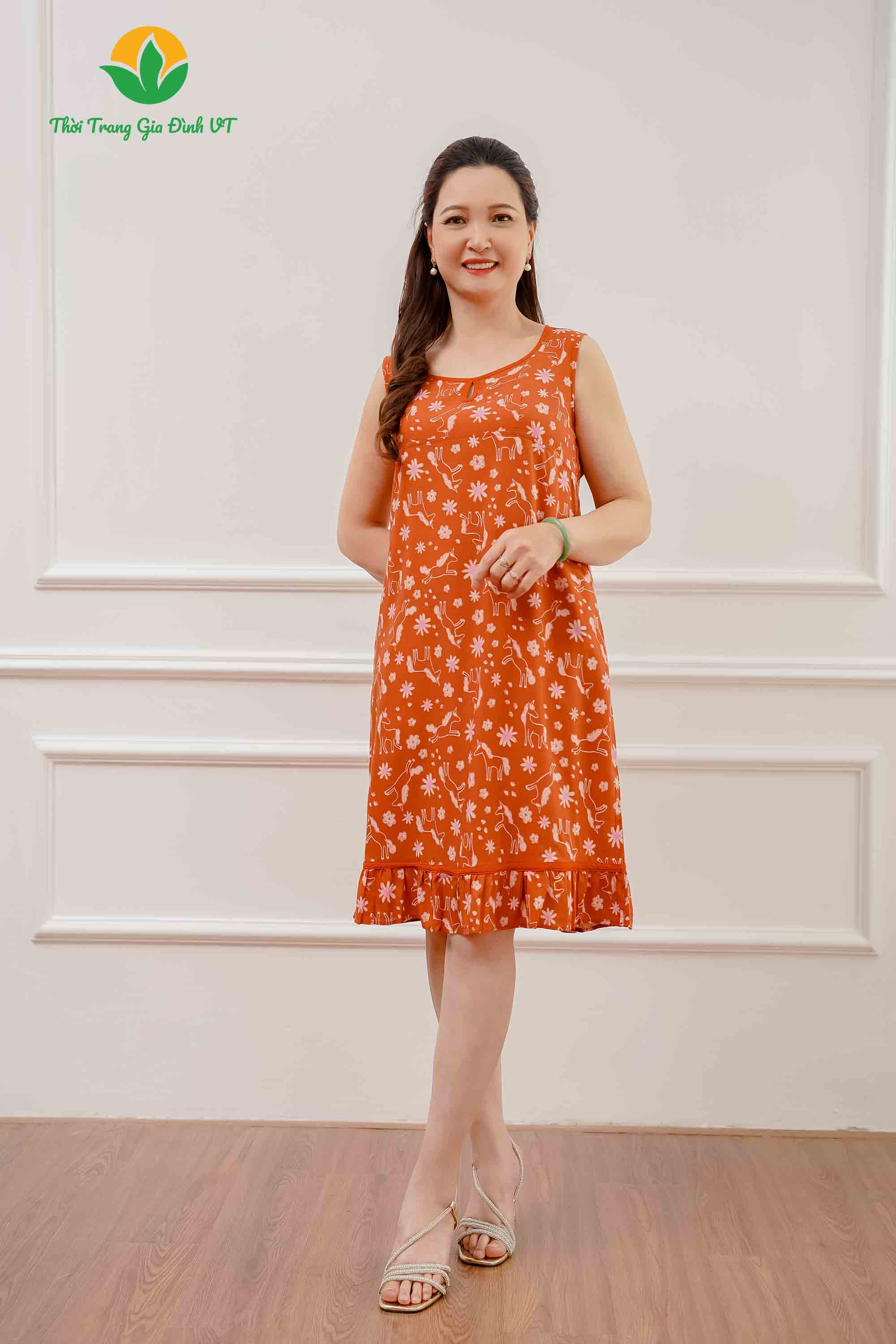 Váy lanh sát nách khuyết cổ viền màu V02.2203 - Thời trang gia đình VT
