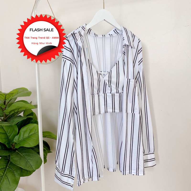 Bộ Áo Sơ Mi Kẻ Áo Bra Nữ 2 Dây Set Somi Dài Tay Kèm Áo Lót Có Mút Ngực X023