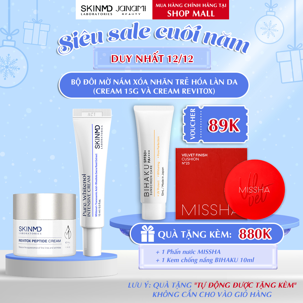 Bộ đôi mờ nám nâng cơ chuyên sâu SKINMD PURE WHITENOL INTENSIVE CREAM 15g và SKINMD REVITOX PEPTIDE CREAM 50g tác động mạnh mẽ giúp mờ nám trắng da mờ vết thâm