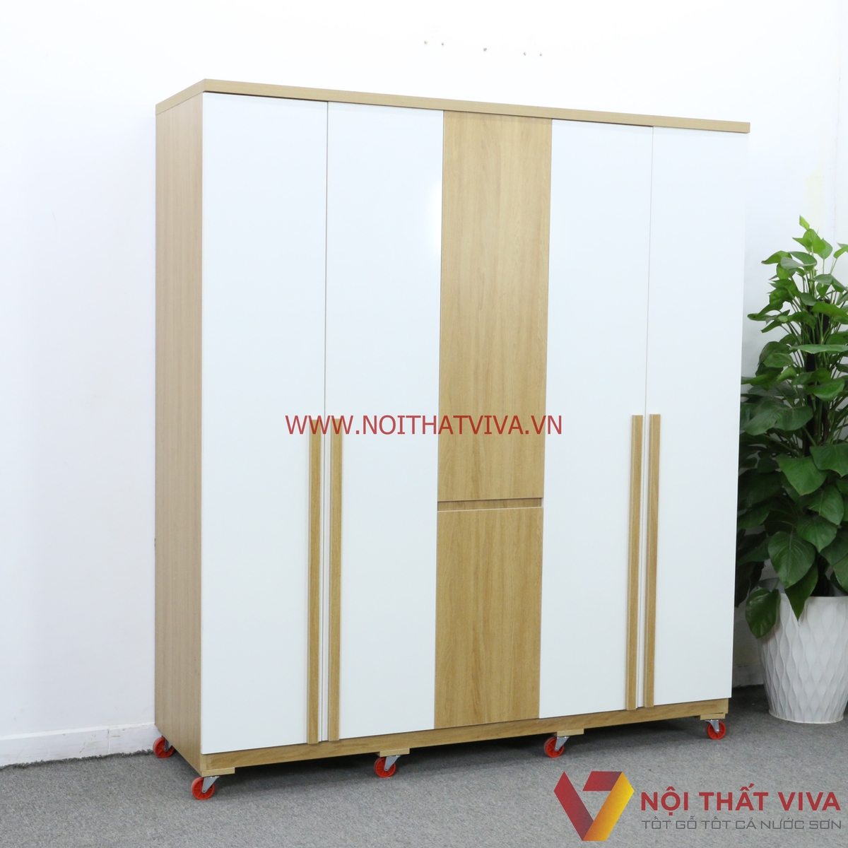 Tủ Quần Áo Gỗ MDF Melamine 5 Cánh Màu Vàng Phối Trắng Đẹp Sang Trọng