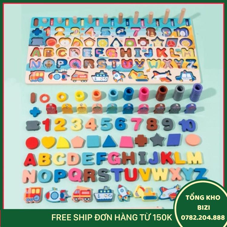 Bộ Đồ Chơi Gỗ 6 In 1 Giúp Bé Học Chữ Cái, Số Đếm, Ghép Hình Đồ Chơi Phương Tiền Giao Thông Kèm Thả Vòng Câu Cá Cho Bé - Free Ship Toàn Quốc
