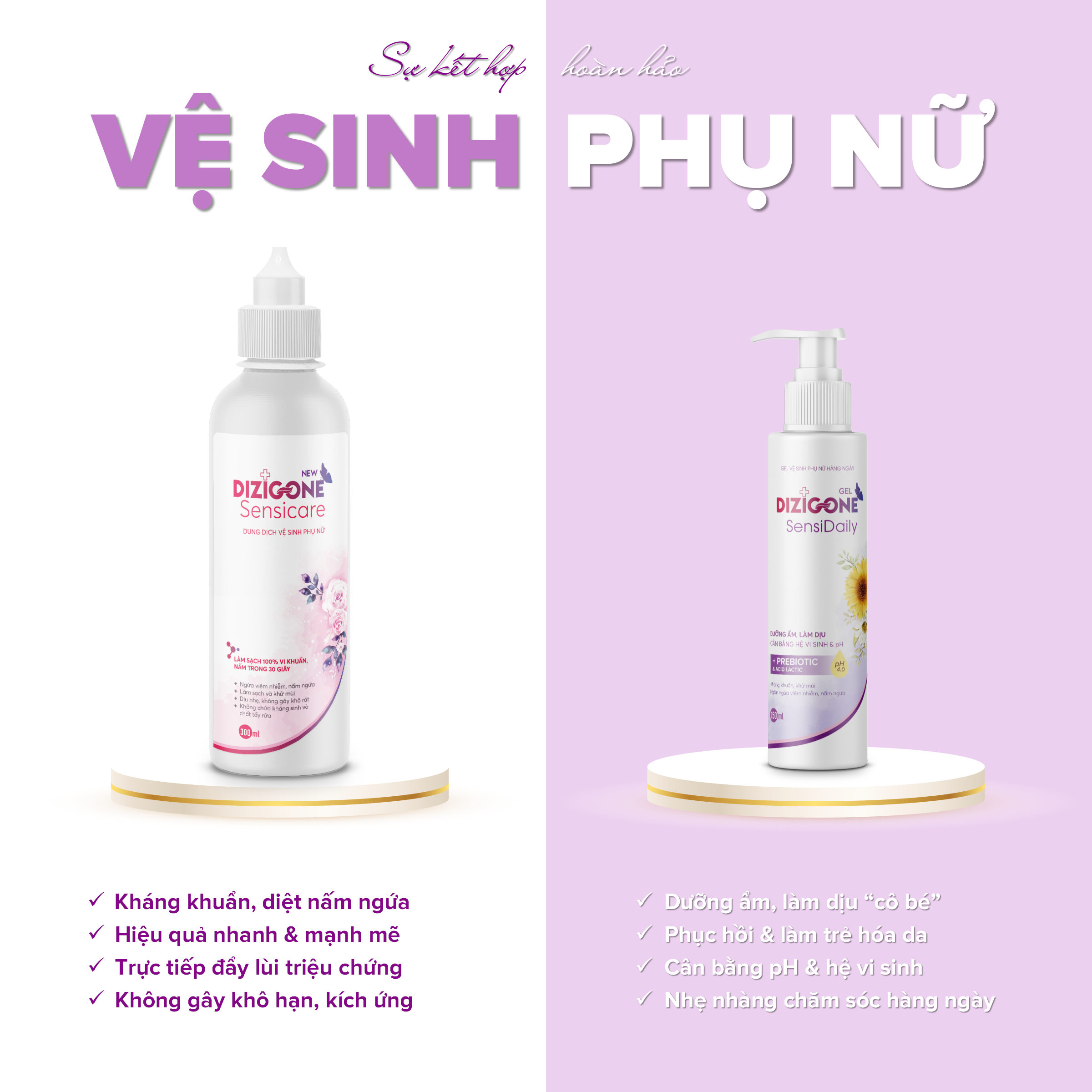 Gel vệ sinh phụ nữ DIZIGONE Sensidaily 150ml: Kháng khuẩn, làm mềm dịu, cân bằng hệ vi sinh & pH