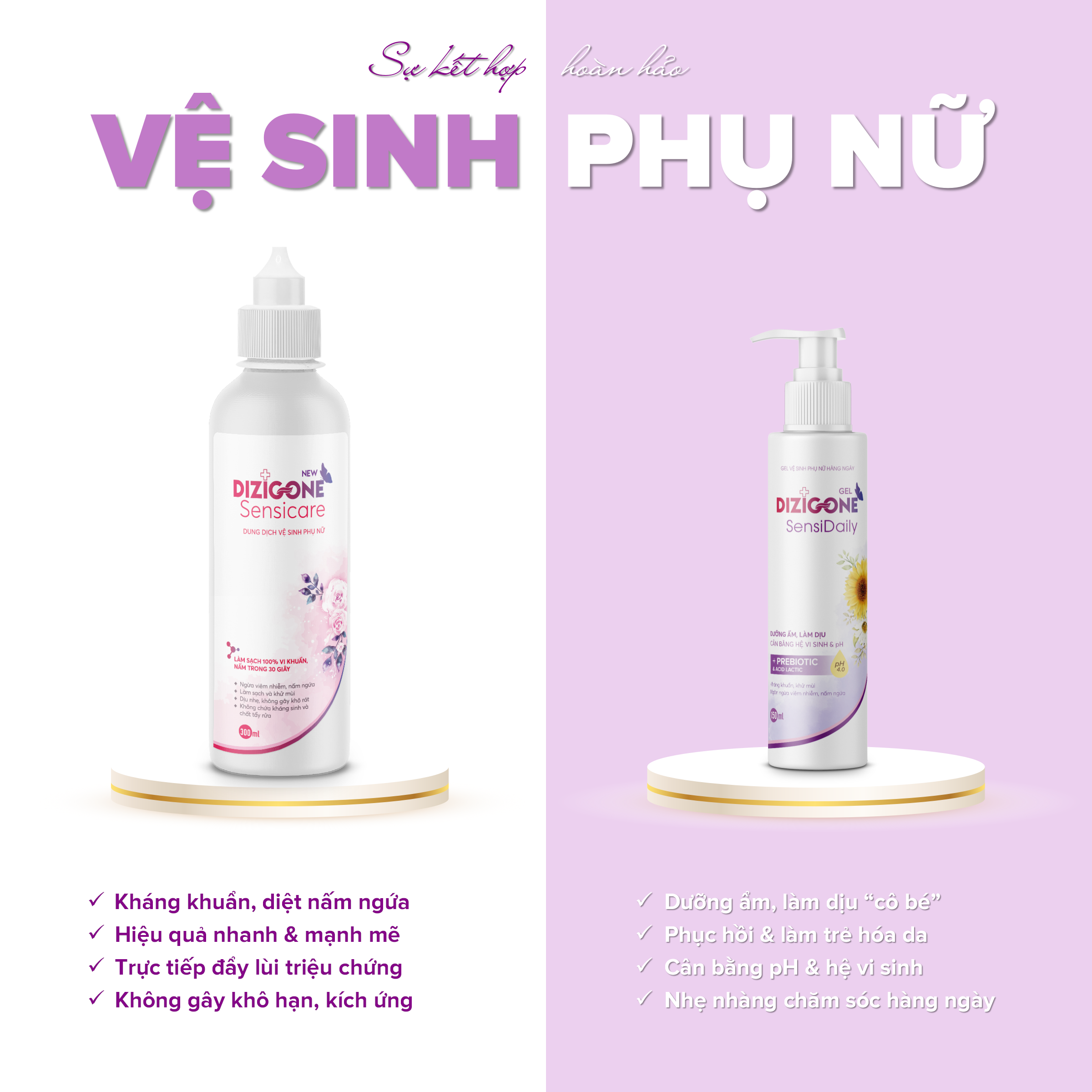 Gel vệ sinh phụ nữ DIZIGONE Sensidaily 150ml: Kháng khuẩn, làm mềm dịu, cân bằng hệ vi sinh &amp; pH