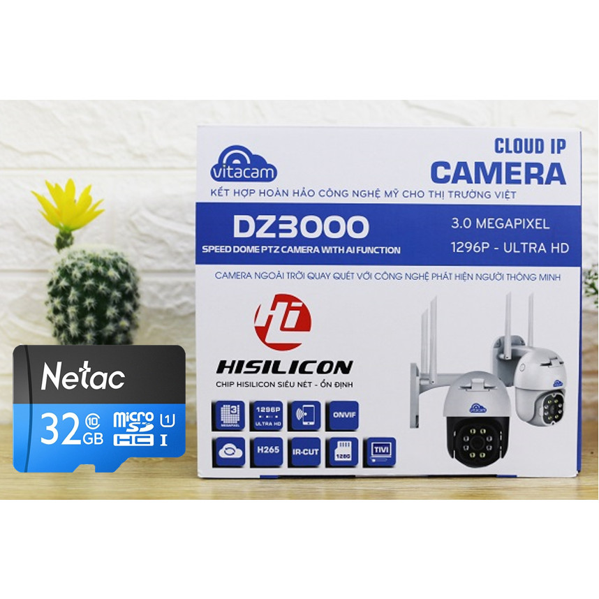 Camera 3MP Wifi IP Ngoài Trời Vitacam DZ3000 PTZ thẻ lưu trữ 32G  xoay 355 độ, 3.0 Mpx 1296P hình ảnh ULTRA HD siêu nét-Hàng Chính Hãng