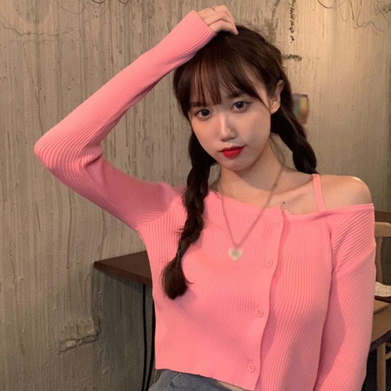 Áo Cardigan Dệt Kim Tay Dài Thiết Kế Lệch Vai Quyến Rũ Cho Nữ