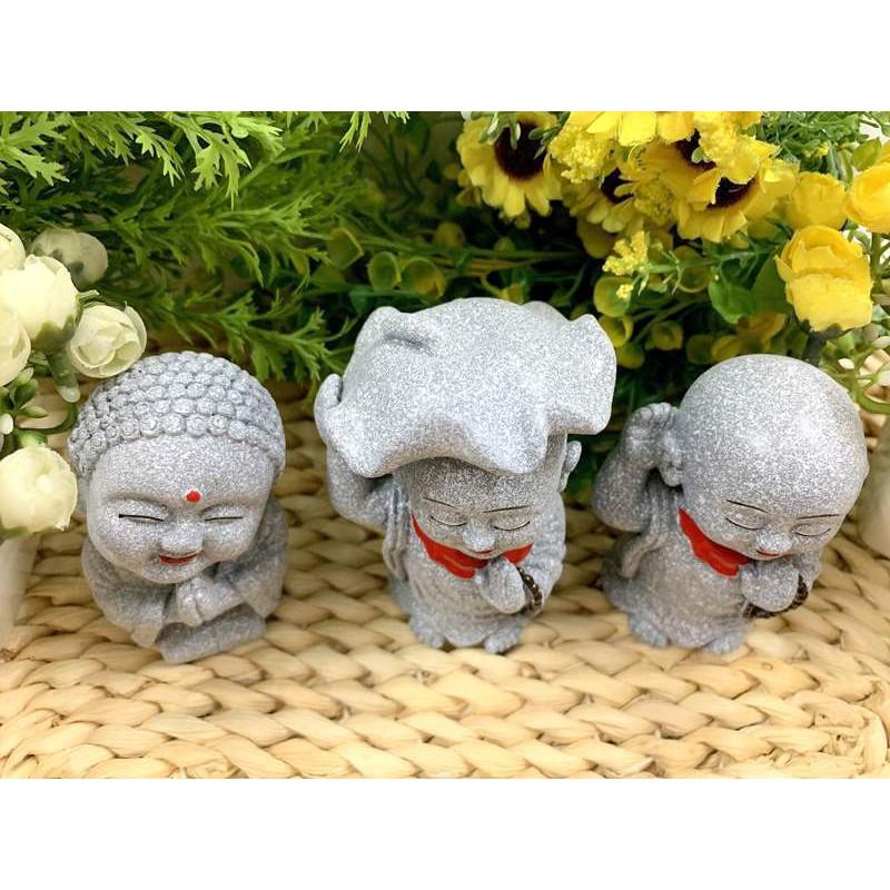 Full Set Bộ 3 Tượng Chú Tiểu Đội Lá Sen Màu Đá