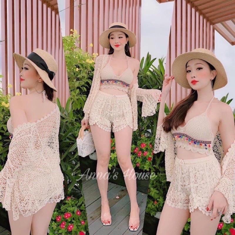 Ren 03-Sét Bikini đi biển 3 món áo bra hạt-quần sóc ren- choàng ren( có tách rời)