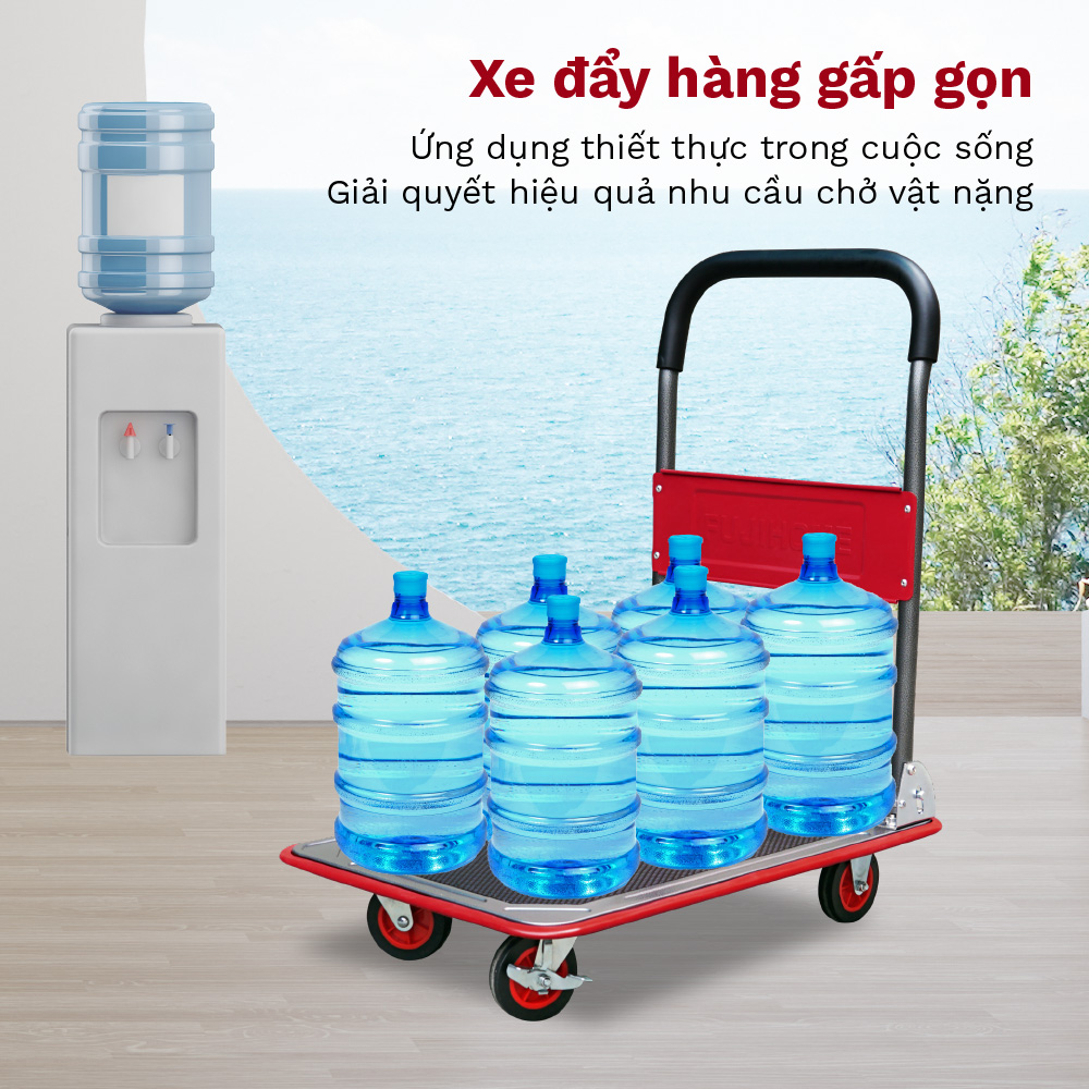 Xe đẩy hàng 4 bánh gấp gọn sàn thép FUJIHOME nhập khẩu, xe kéo hàng xếp gọn, bánh xe có chốt hãm - hàng chính hãng