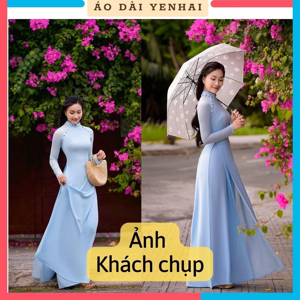 Áo dài truyền thống 4 tà thiết kế cúc bọc lụa cao cấp màu xanh ngọc |