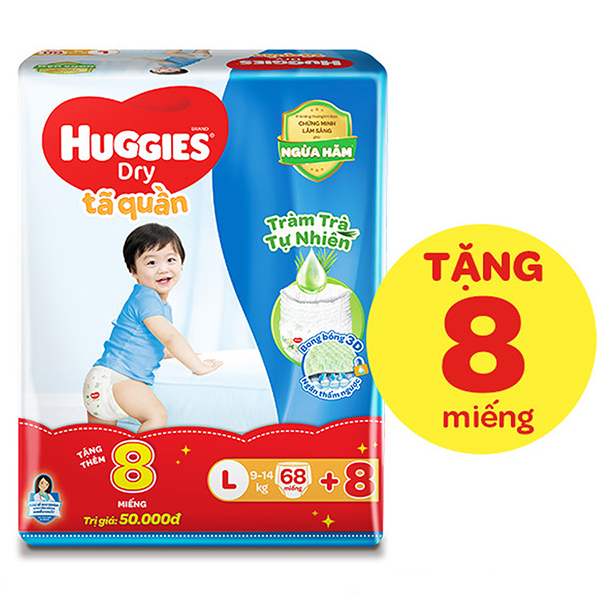 Tã Quần Huggies Dry Tràm Trà Tự Nhiên Gói Cực Đại L68 (68 miếng) + Tặng 8 miếng