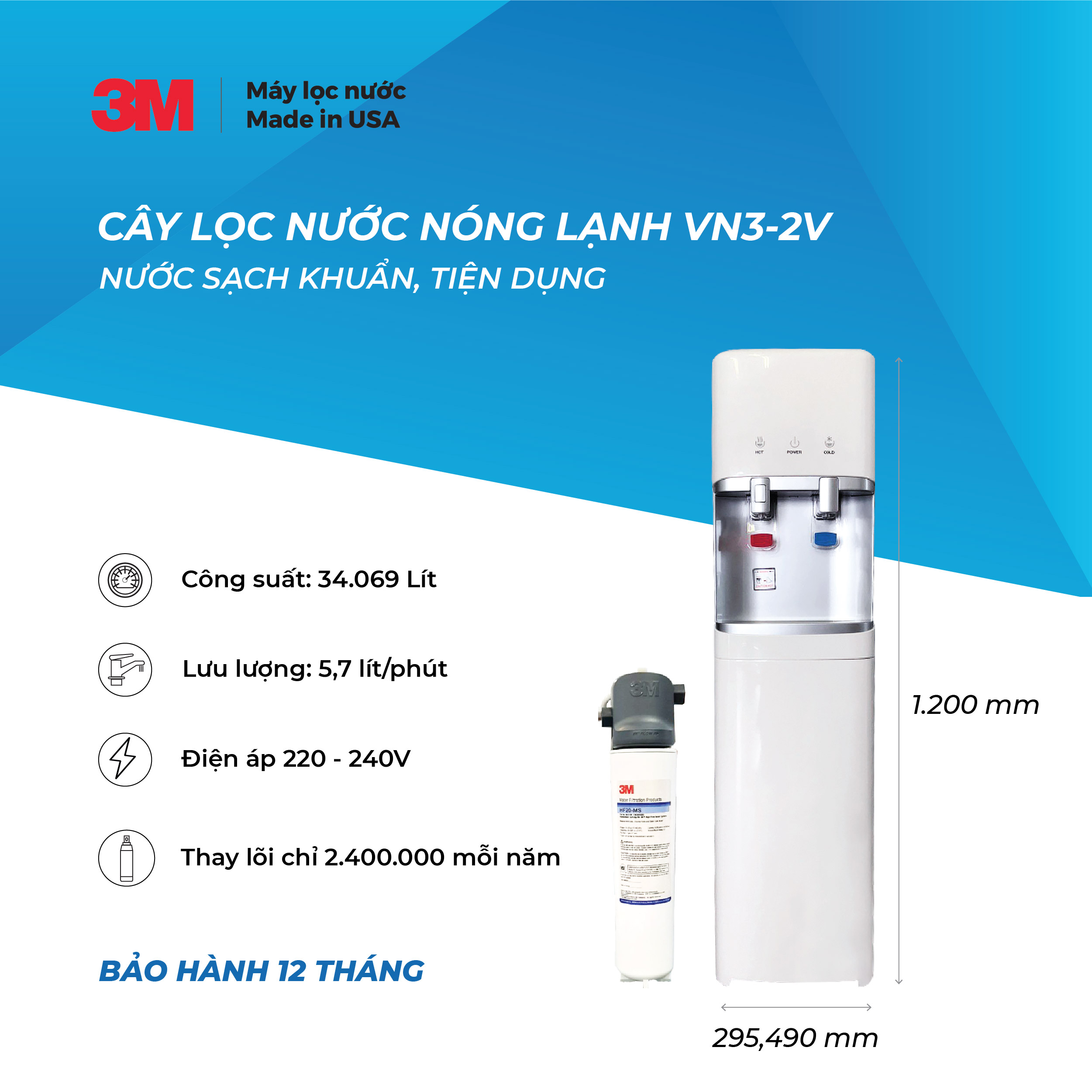 Cây Lọc Nước Nóng Lạnh 3M VN3-2V (Sử Dụng 3M BREW120-MS) - Hàng Chính Hãng