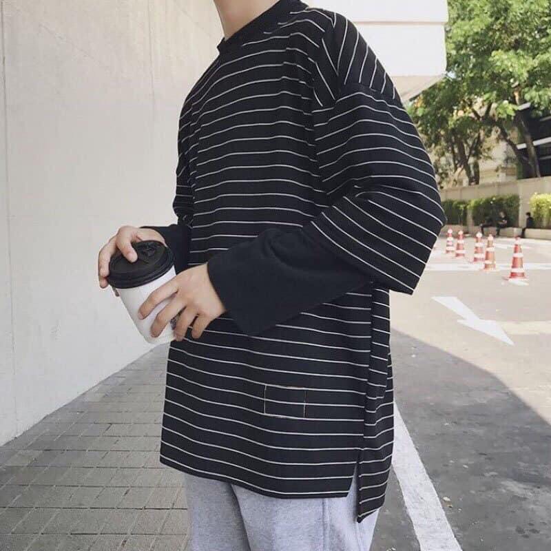 áo thun tay dài form rộng unisex - sweater sọc nhí 2 ống tay