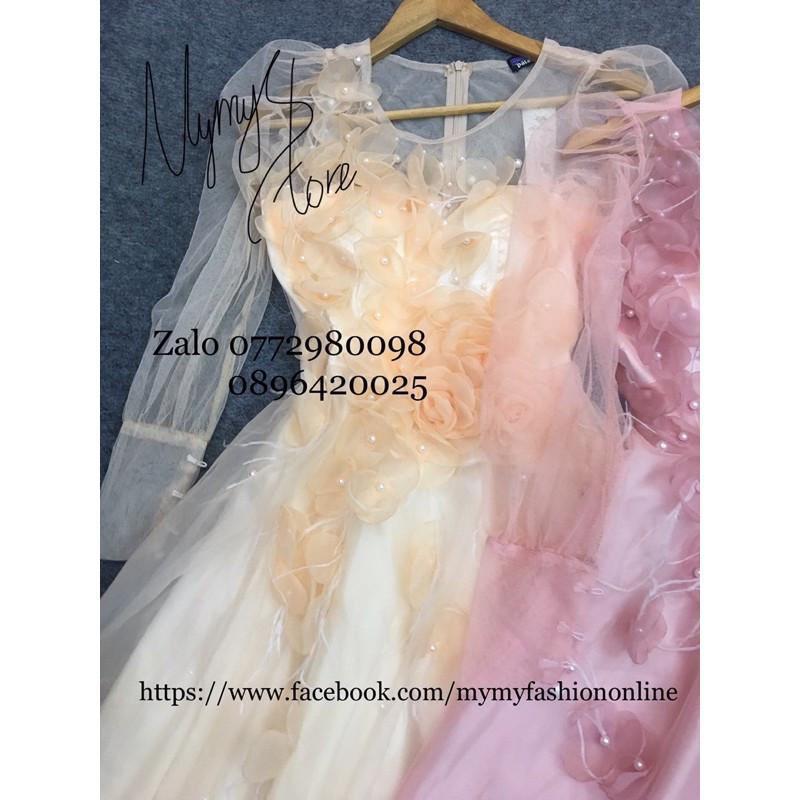 Đầm Maxi xoè tay dài phồng kết cườm và hoa nổi -MS202V- Size M/L đến 57kgMM MM