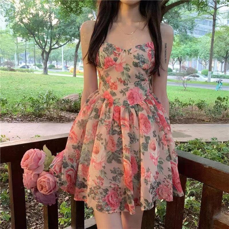 Váy nữ đầm vintage sang chảnh hai dây eo cao hoa hồng mùa hè siêu xinh Pasana0002v