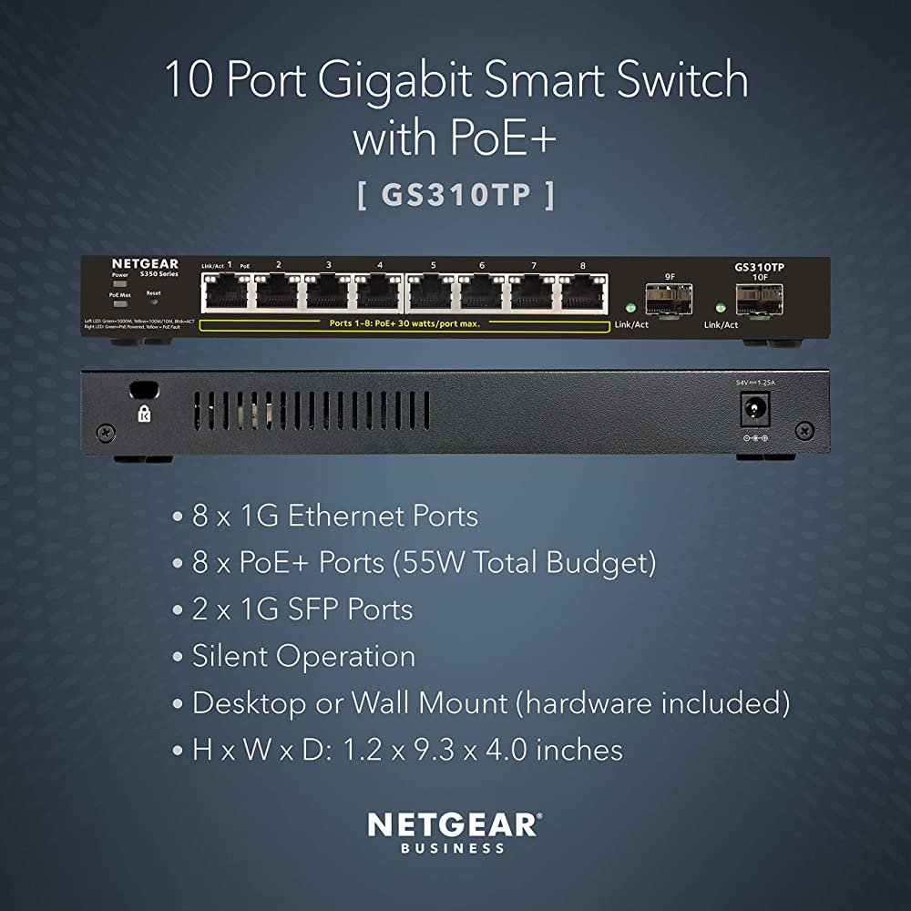 Thiết Bị Chuyển Mạch Để Bàn 8 Cổng 10/100/1000M PoE+ và 2 cổng quang SFP 1000M Gigabit Ethernet S350 Smart Managed Pro Switch Netgear GS310TP - Hàng Chính Hãng