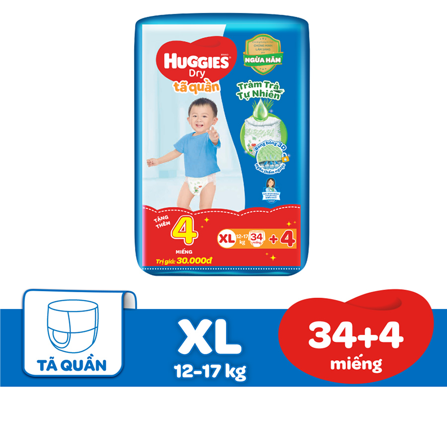 Tã Quần Huggies Dry Tràm Trà Tự Nhiên Gói Trung XL34 + Tặng 4 miếng