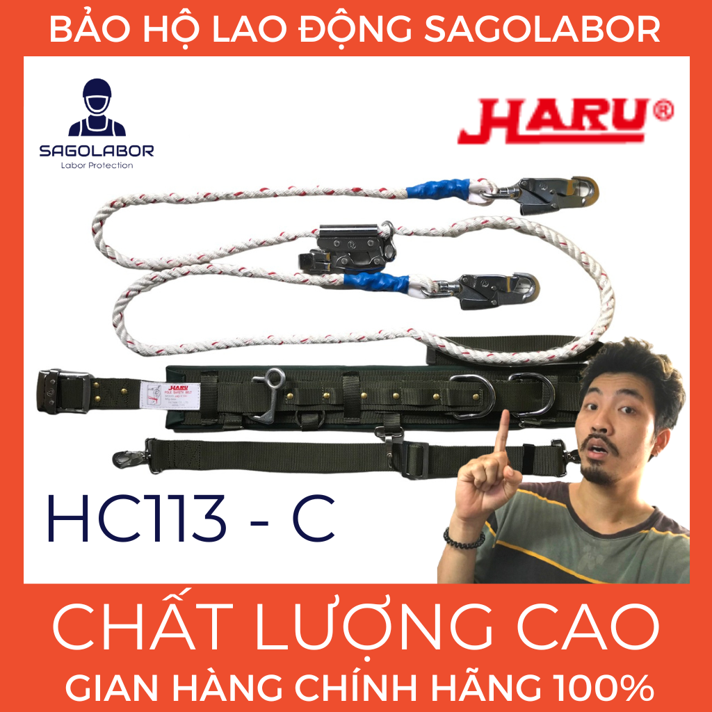 HC113C - HARU Nhật Bản - Dây đai an toàn điện lực bảo hộ lao động - Gồm Dây đai bụng và dây quàng thừng 2 móc xoay