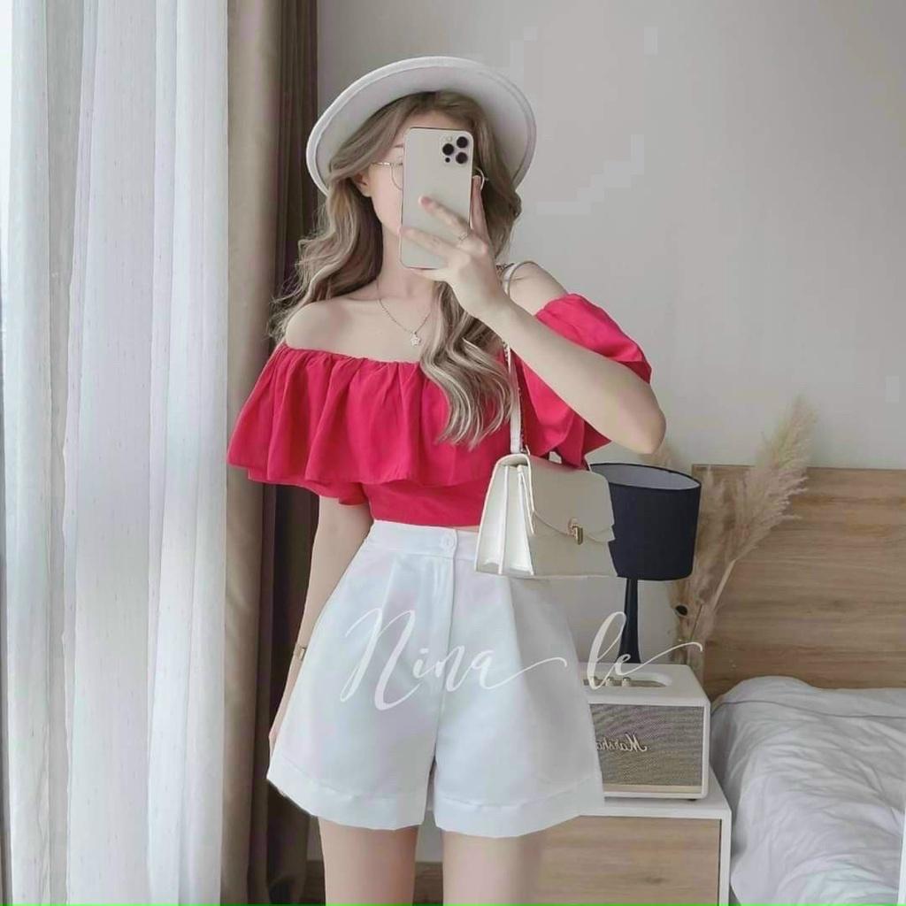 Sét bộ đồ nữ áo kiểu trễ vai có khóa kéo phối quần đùi trắng trẻ trung