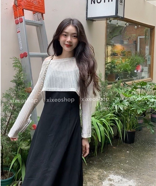 SET ÁO LƯỚI CROPTOP LỬNG TAY DÀI + ĐẦM SUÔNG TRƠN DÂY ĐEN MIDI DẠO PHỐ DỰ TIỆC