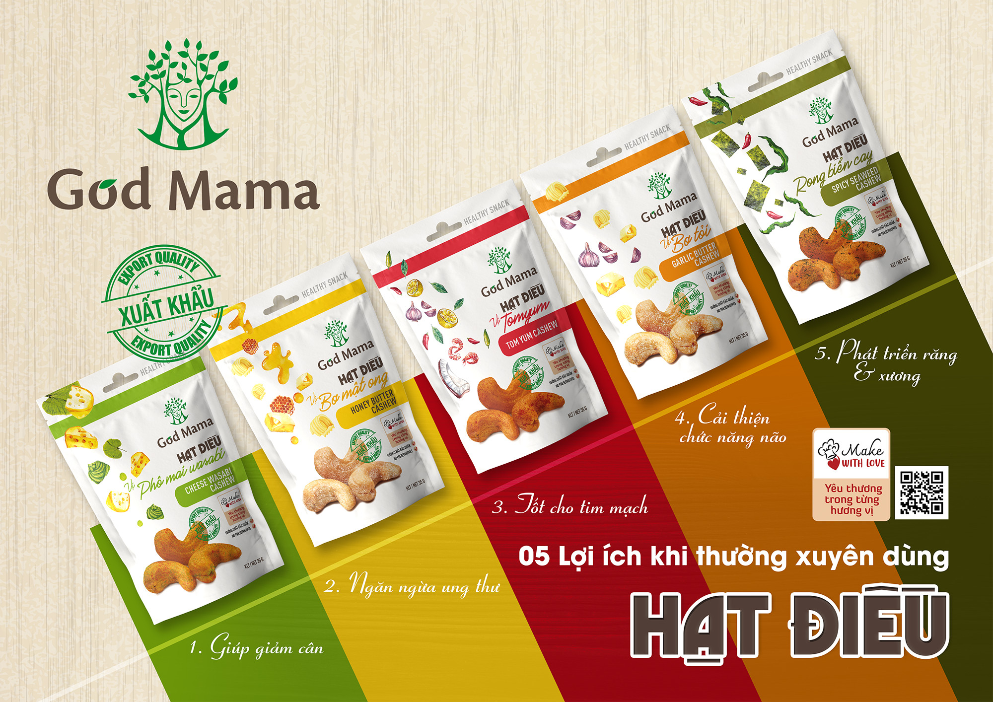 Hạt điều tẩm vị Tomyum God Mama - 35g. Nguồn nguyên liệu từ Bình Phước - vườn điều ngon nhất Việt Nam. Ăn vặt tốt cho sức khỏe