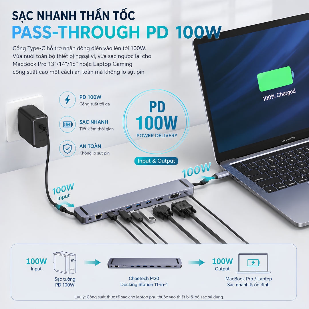 Hub Type-C PD 100W chuyển đa năng DockSphere Pro kiêm giá đỡ Choetech M20 Docking Station 11 in 1 USB-C cho Macbook/Laptop - HDMI 4K, VGA, PD 100W, RJ45 Gigabit, USB 3.0 5Gbps, SD/TF, AUX 3.5mm Vỏ nhôm, tối ưu tản nhiệt - Hàng nhập khẩu