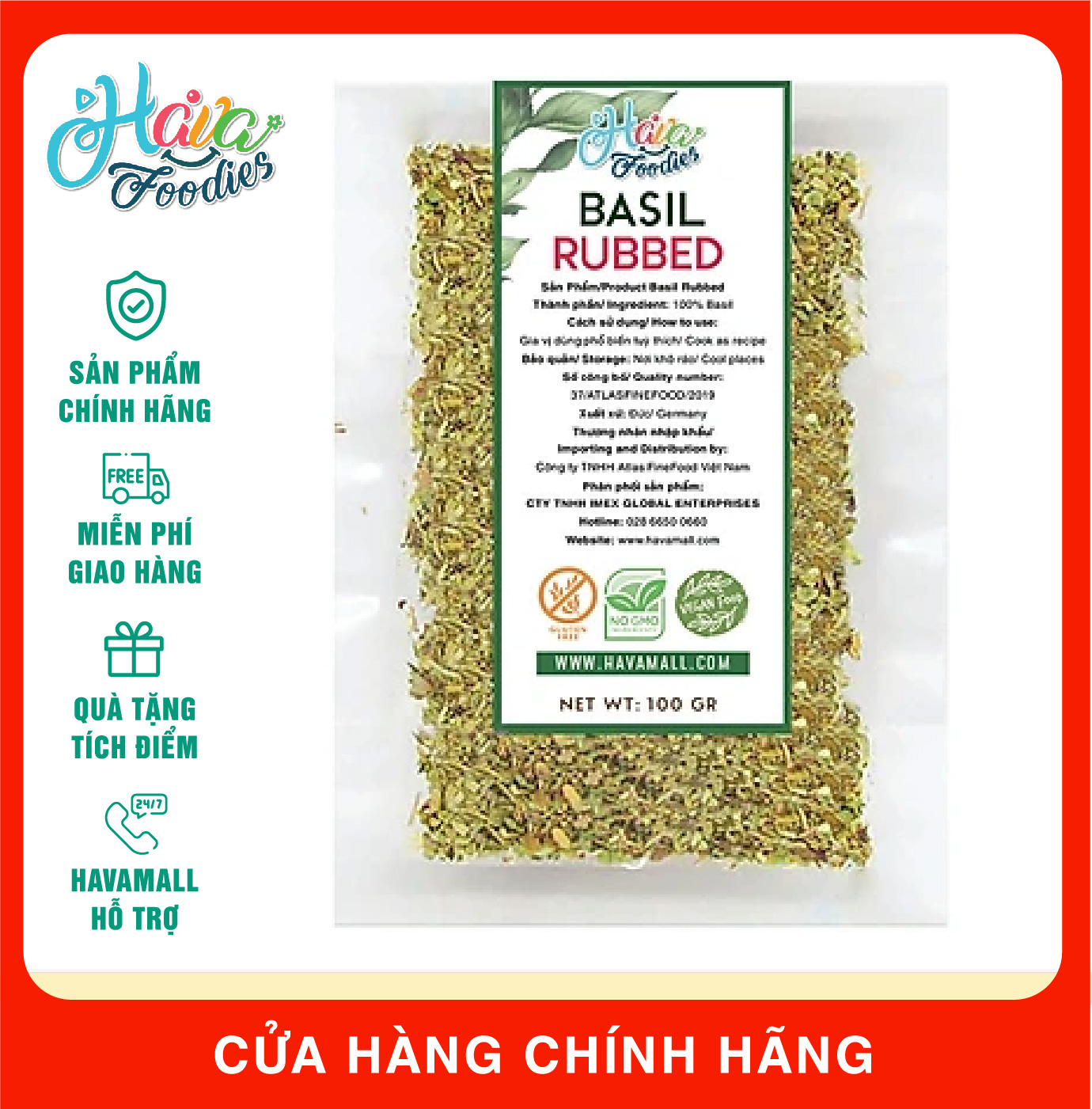 Lá Basil Khô Thương Hiệu Hava Foodies Gói 100g – Dried Basil Leaves