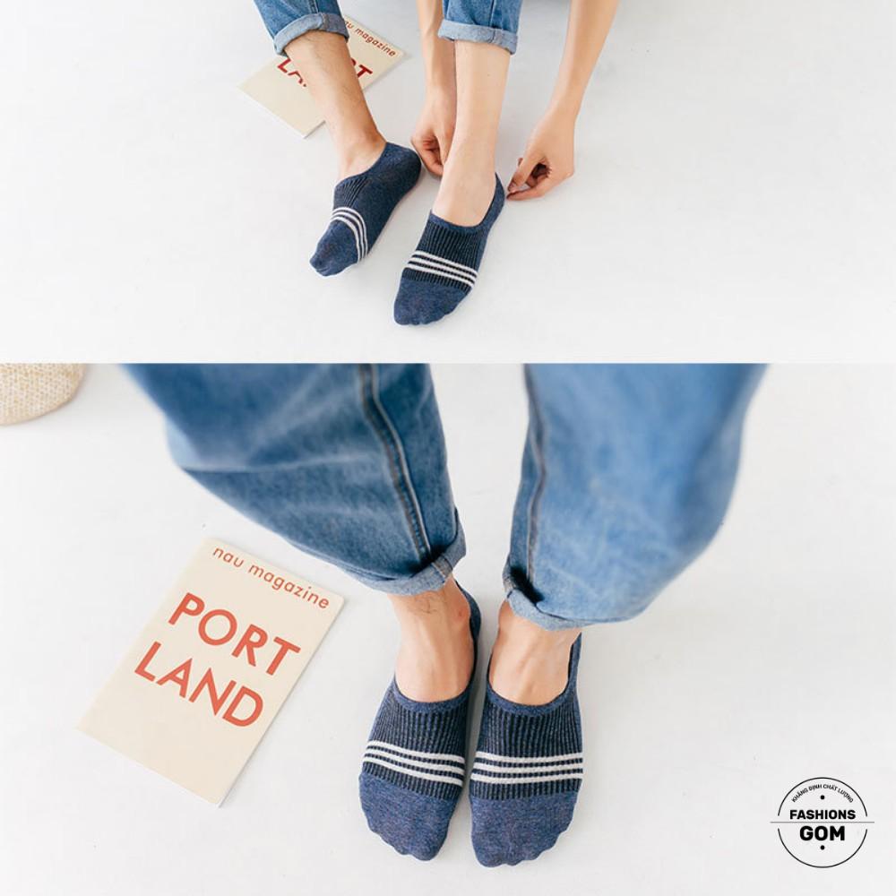 Vớ Lười Nam Mẫu 3 Sọc Ngang, Tất nam đi Giày Lười cotton có đệm cao su chống tuột FIVE-LUOI-SOCNGANG