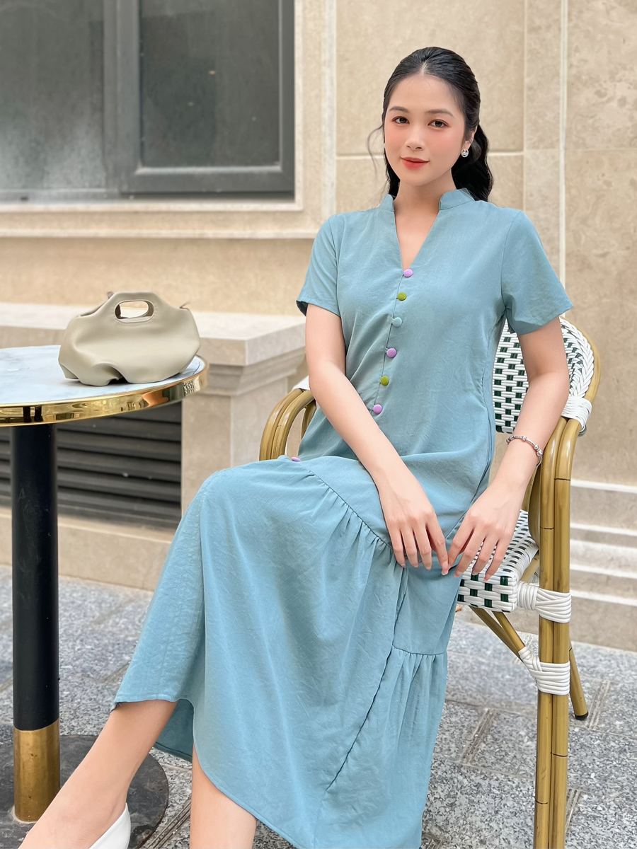 [HCM] Đầm Linnen thun cổ trụ phối nút duyên dáng cho nữ AD088 - KHANH LINH STYLE