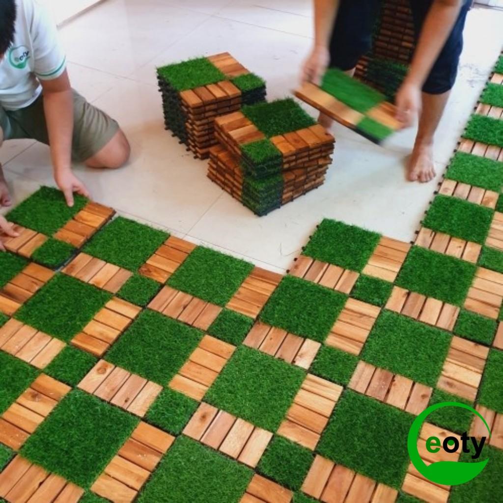 Combo 12 vỉ gỗ lót sàn kết hợp cỏ nhân tạo lót sàn ngoài trời, trong nhà,... thiết kế lạ
