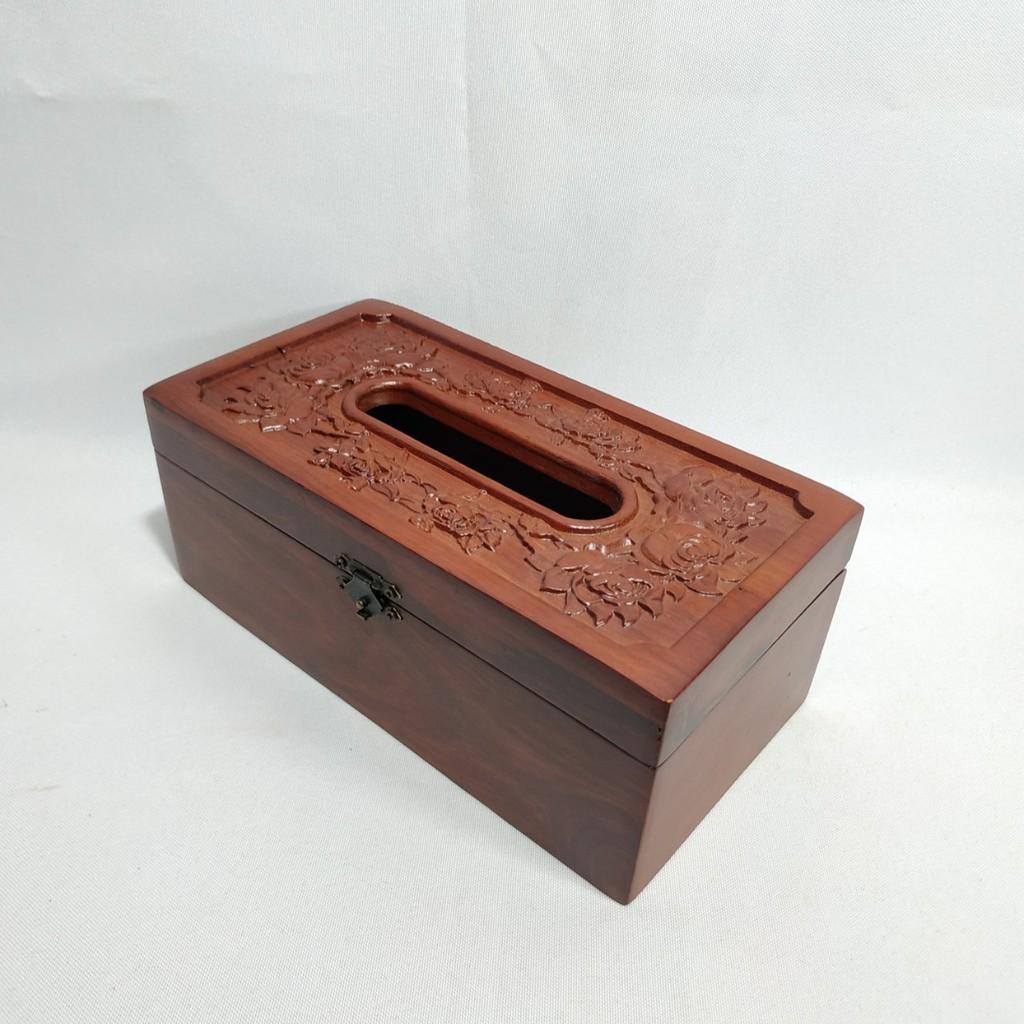 Hộp đựng giấy ăn GỖ HƯƠNG chạm khắc hoa hồng leo có viền