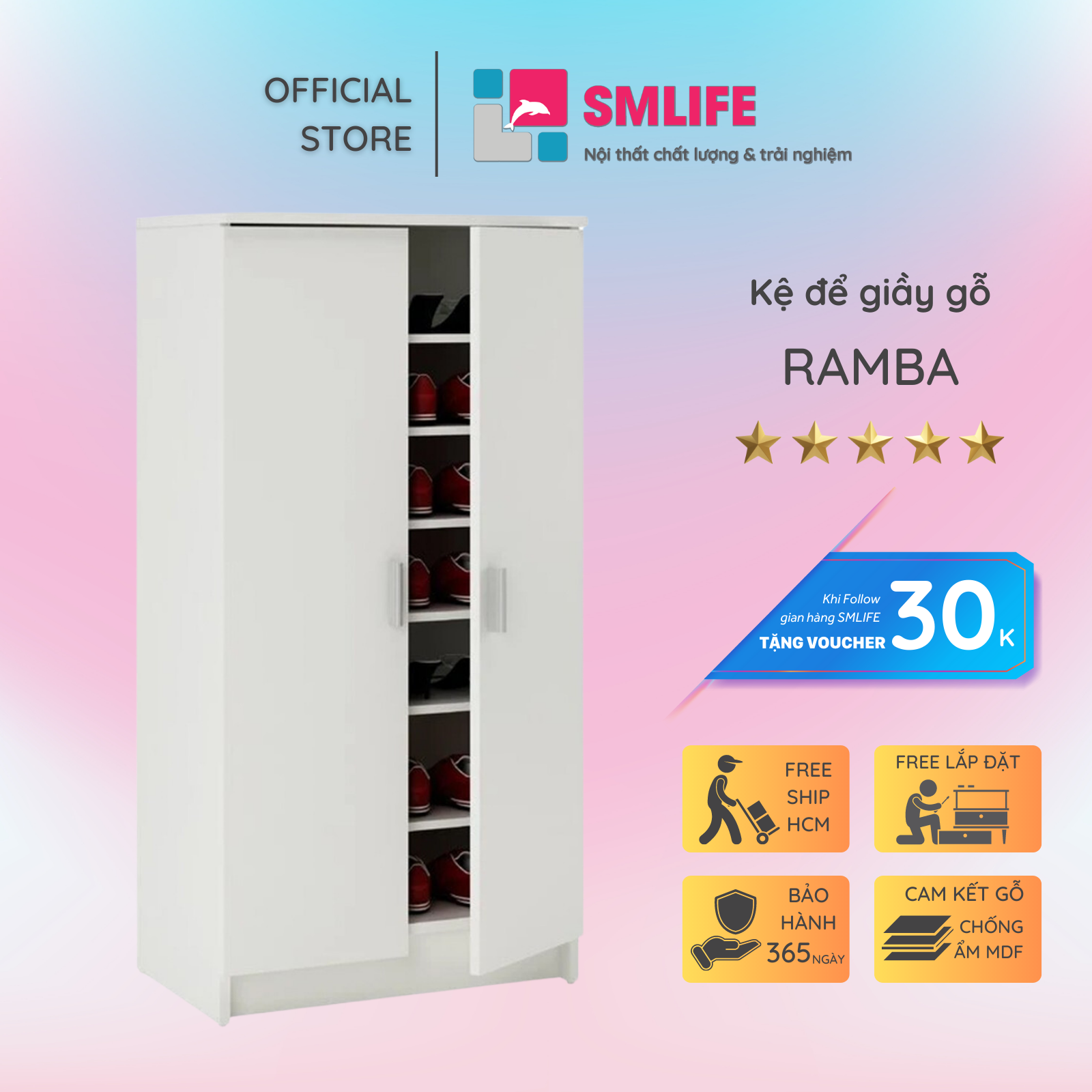 Kệ để giầy gỗ hiện đại SMLIFE Ramba | Gỗ MDF dày 17mm chống ẩm | D60xR40xC120cm