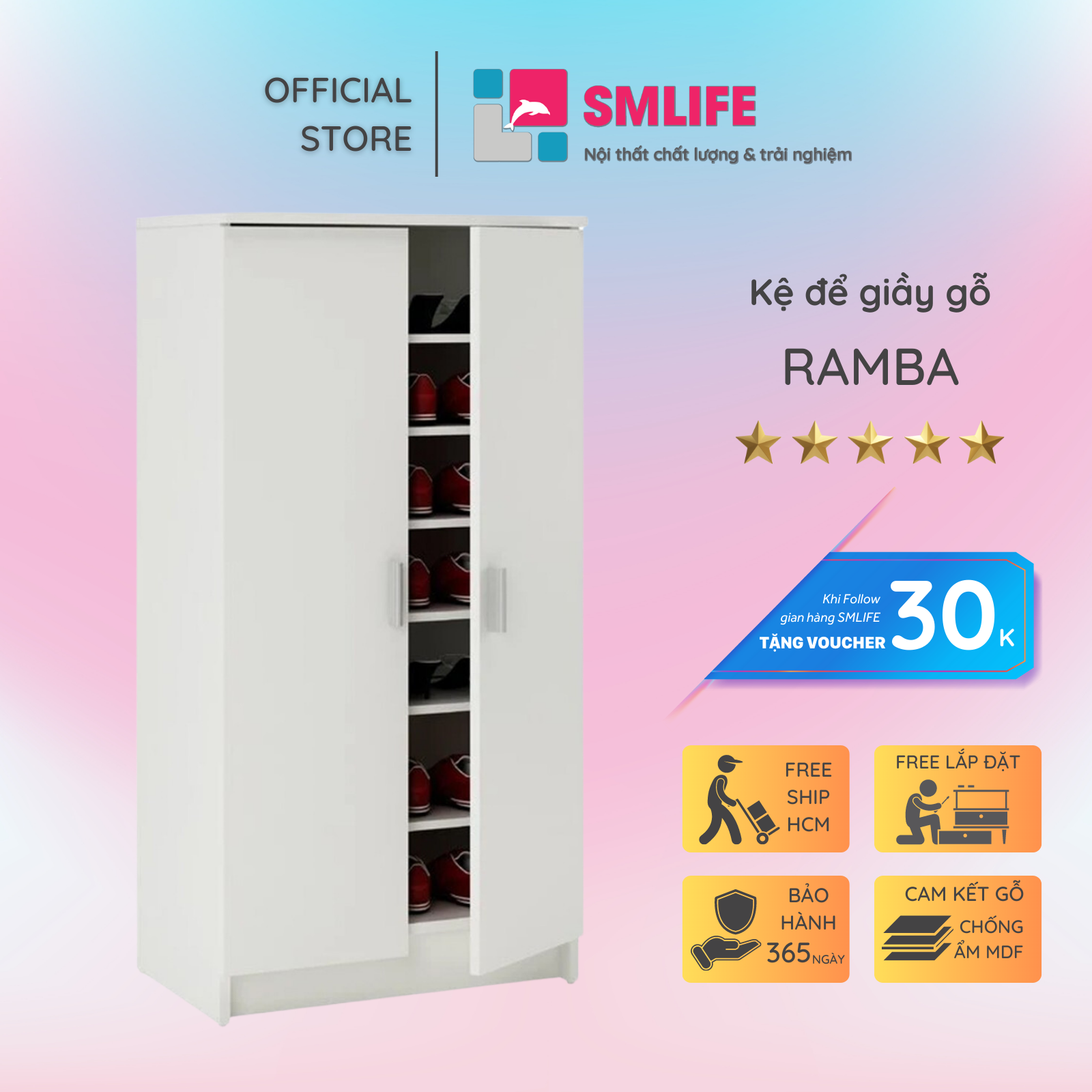 Kệ để giầy gỗ hiện đại SMLIFE Ramba  | Gỗ MDF dày 17mm chống ẩm | D60xR40xC120cm