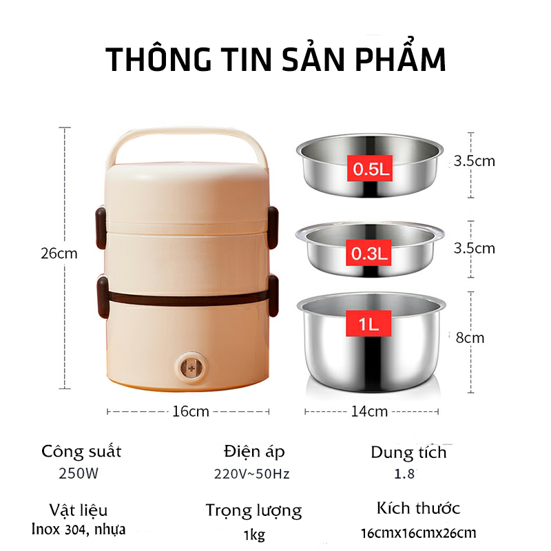 Hộp Cơm Cắm Điện Giữ Nhiệt 3 Tầng Ruột Inox Hộp Cơm Hâm Nóng Đa Năng Tự Nấu Chín Cho Dân Văn Phòng, Học Sinh