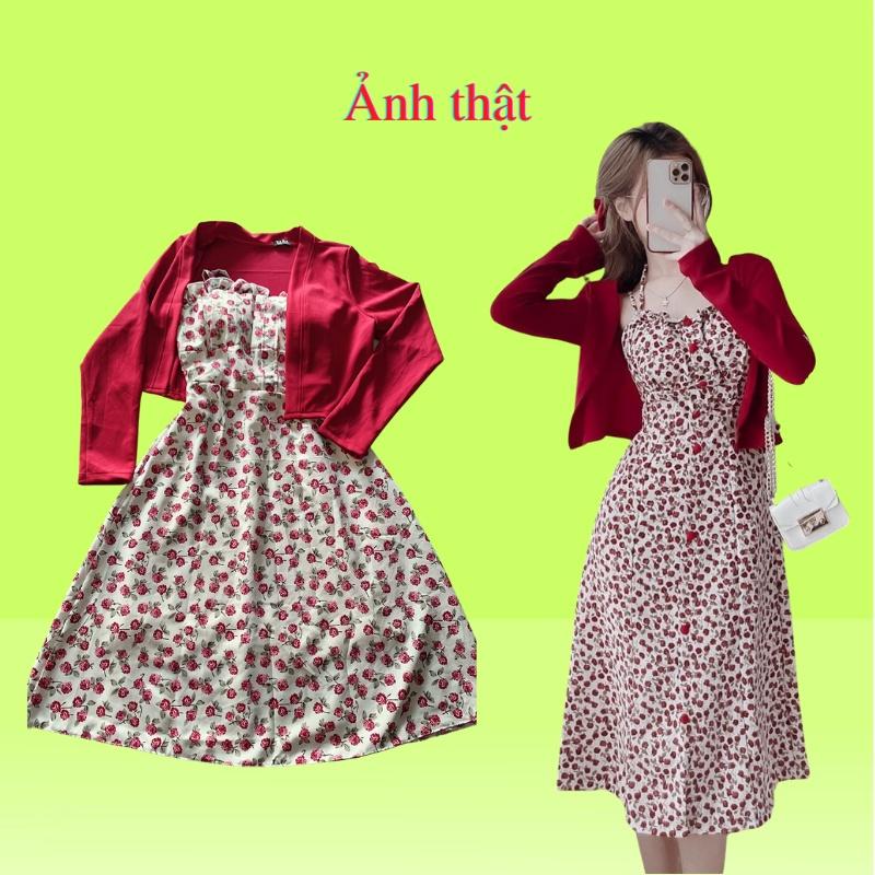 Sét đầm 2 dây hoa nhí kèm áo khoác KimHoa77 chất lụa có lót trong phối umi vừa xinh lại hot mặc được quanh năm freesize