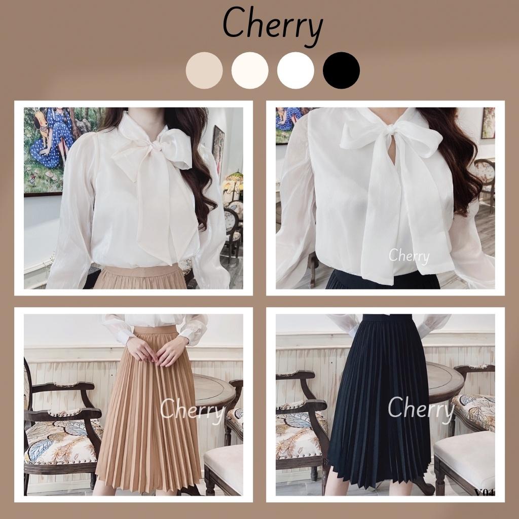 Áo sơ mi nữ cổ có nơ Cherry dài tay dáng rộng chất tơ hàn cao cấp thời trang Hàn Quốc V046