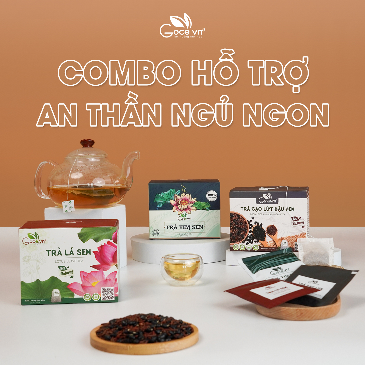 Combo An thần, Ngủ ngon (1 hộp Trà lá sen túi lọc 40g, 1 hộp Trà tim sen túi lọc 100g, 1 hộp Trà gạo lứt đậu đen túi lọc 140g)
