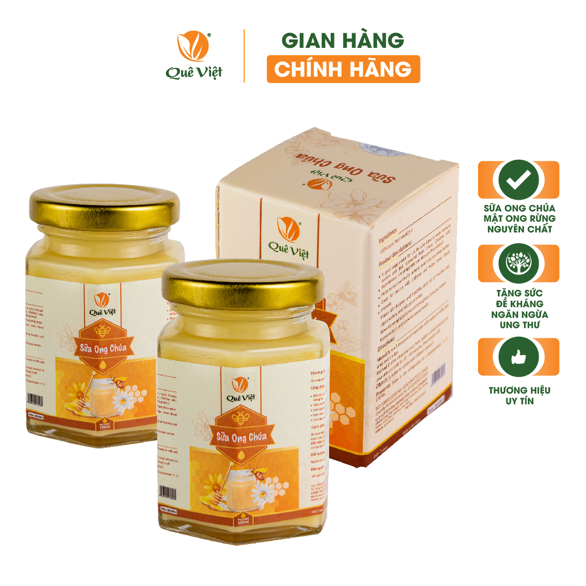 Sữa ong chúa Quê Việt bồi bổ cơ thể, tăng cường sức khoẻ (2 hộp x 100ml)