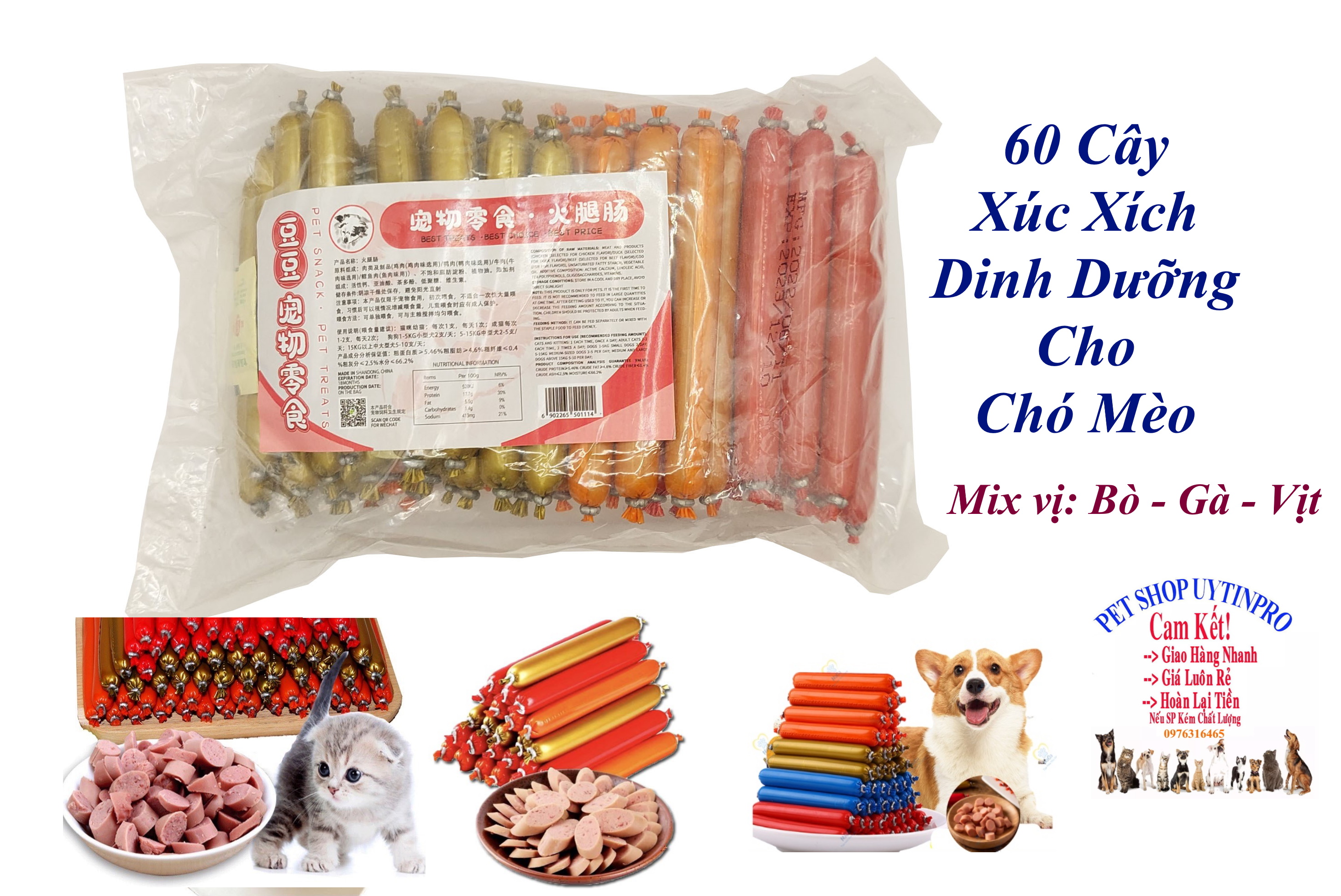 Xúc xích dinh dưỡng cho Chó Mèo Túi 60 cây Mix vị bò, gà, vịt Giúp bổ sung vitamin, bổ sung dinh dưỡng hoàn chỉnh