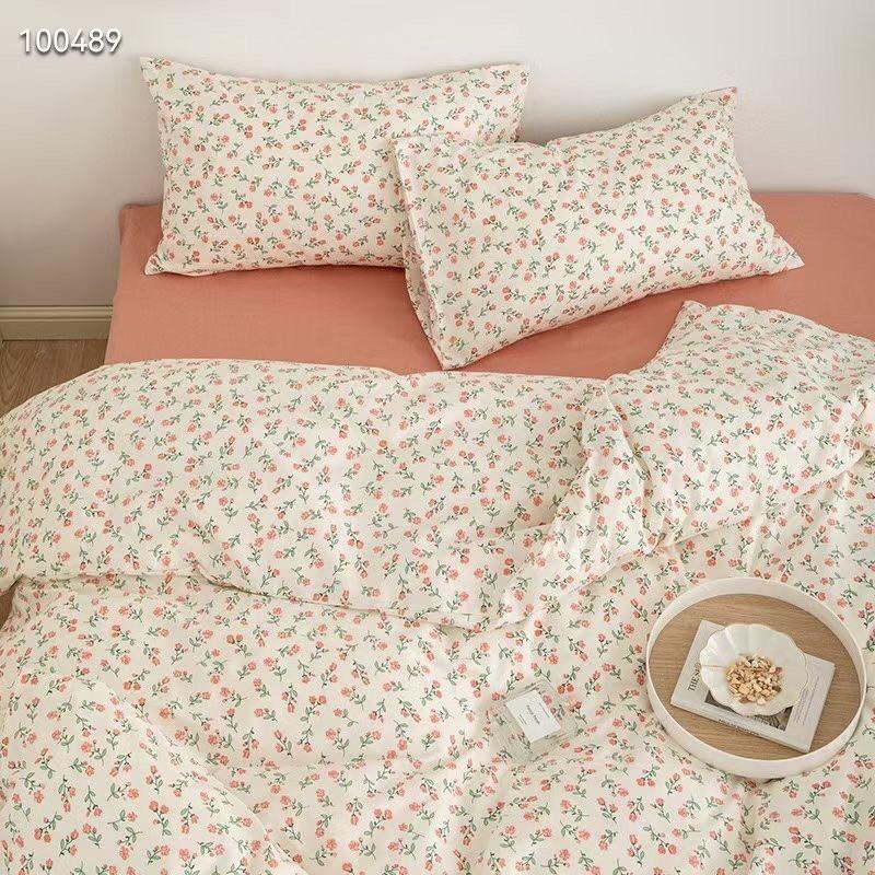 Bộ Chăn Ga Gối Cotton Living Hàng Nhập Khẩu Cao Cấp 4 Món Hoa Nhí Vintage Hồng
