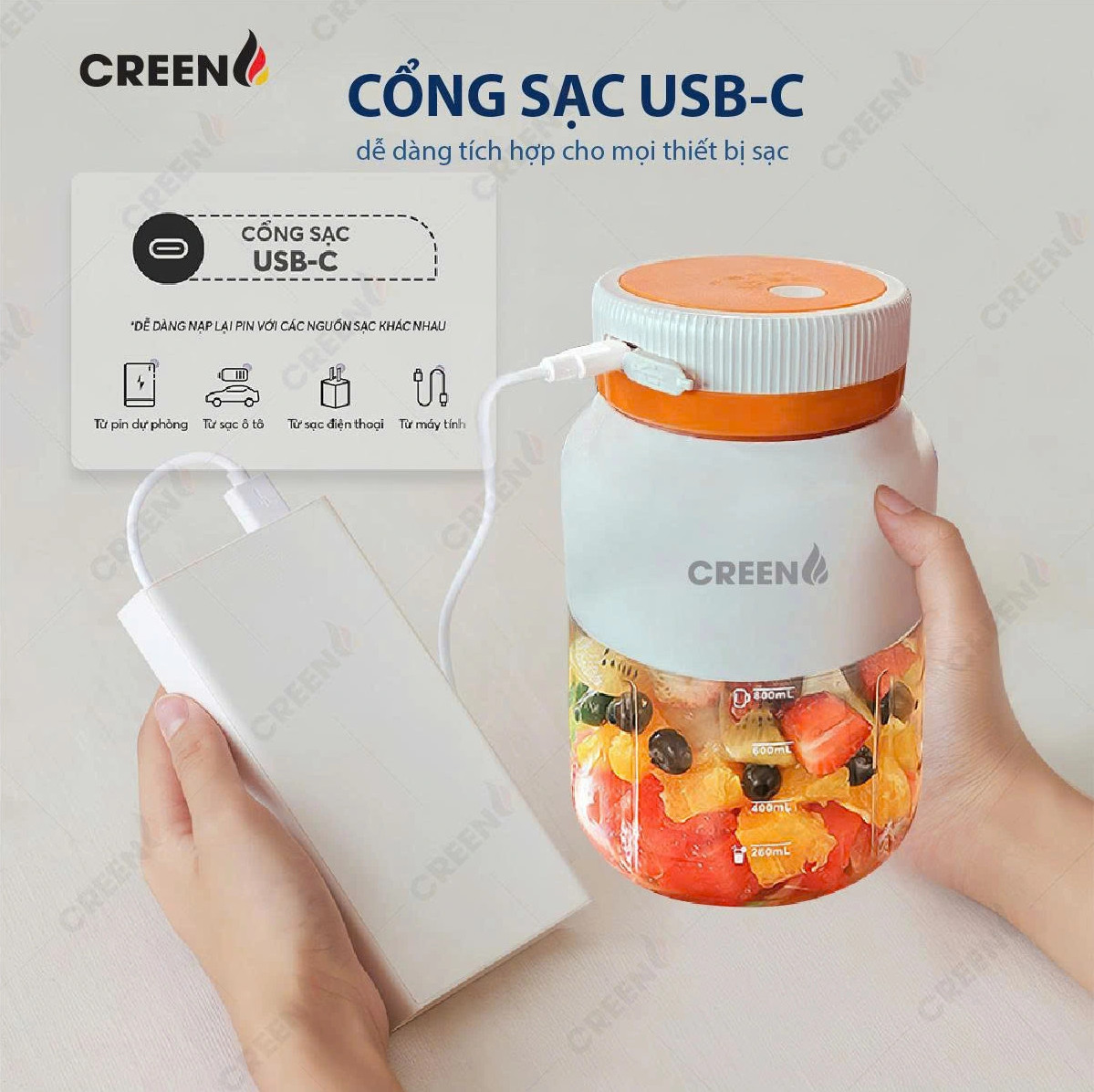 Máy Xay Sinh Tố Cầm Tay CREEN CR-BL800, Dung tích 800ml 80W, Pin Lithium 3000mAh, Lưỡi Kép 38 Cánh - Hàng Chính Hãng