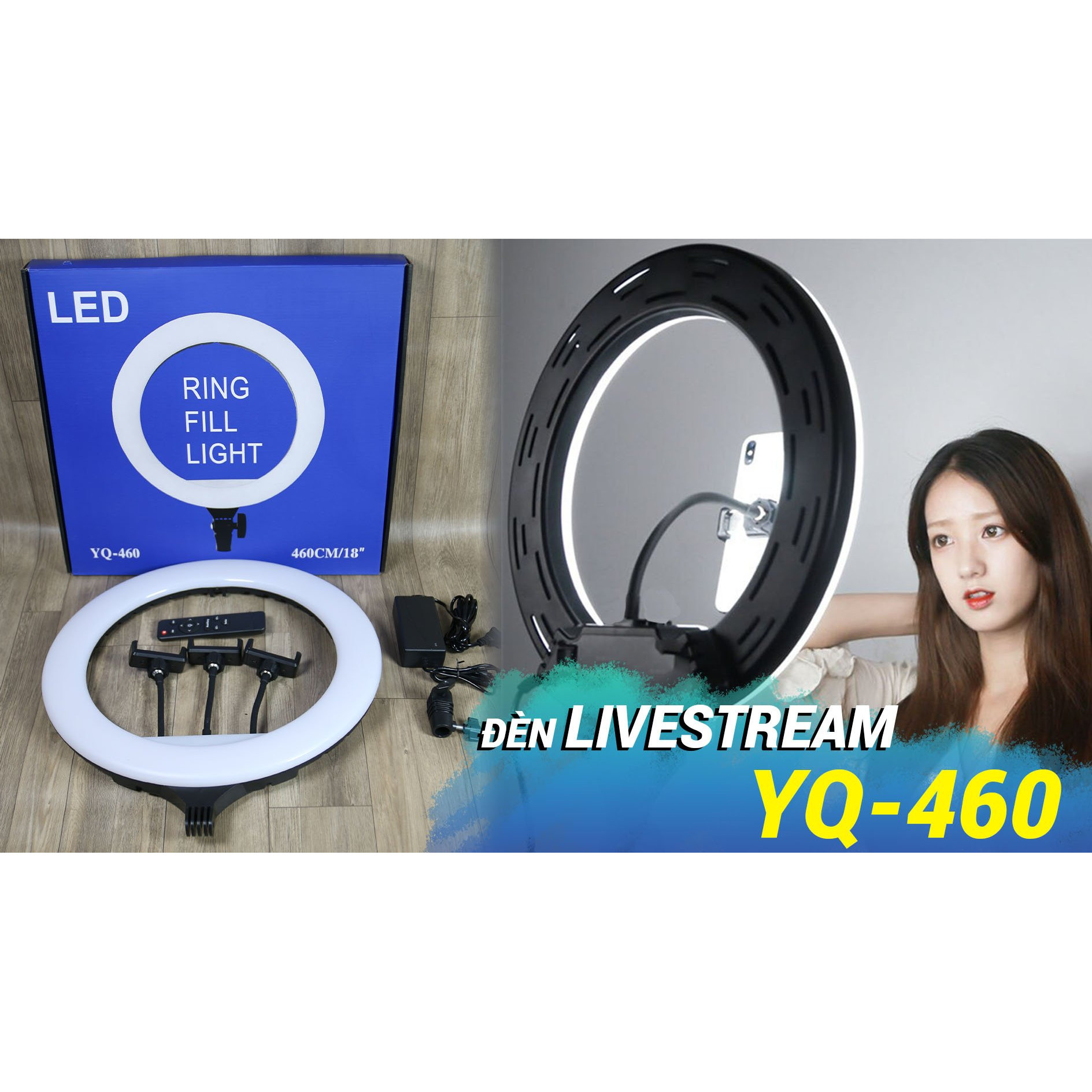 Đèn led livestream 45cm YQ 460 - đèn livestream 3 kẹp điện thoại, chân cao 2.1m, 3 chế độ sáng, có remote – Phím cảm ứng - Đèn livestream chuyên nghiệp, Đèn Led Trợ Sáng, Chiếu Sáng Studio, Makeup, Quay Phim, Chụp Ảnh, Livetream, Selfie