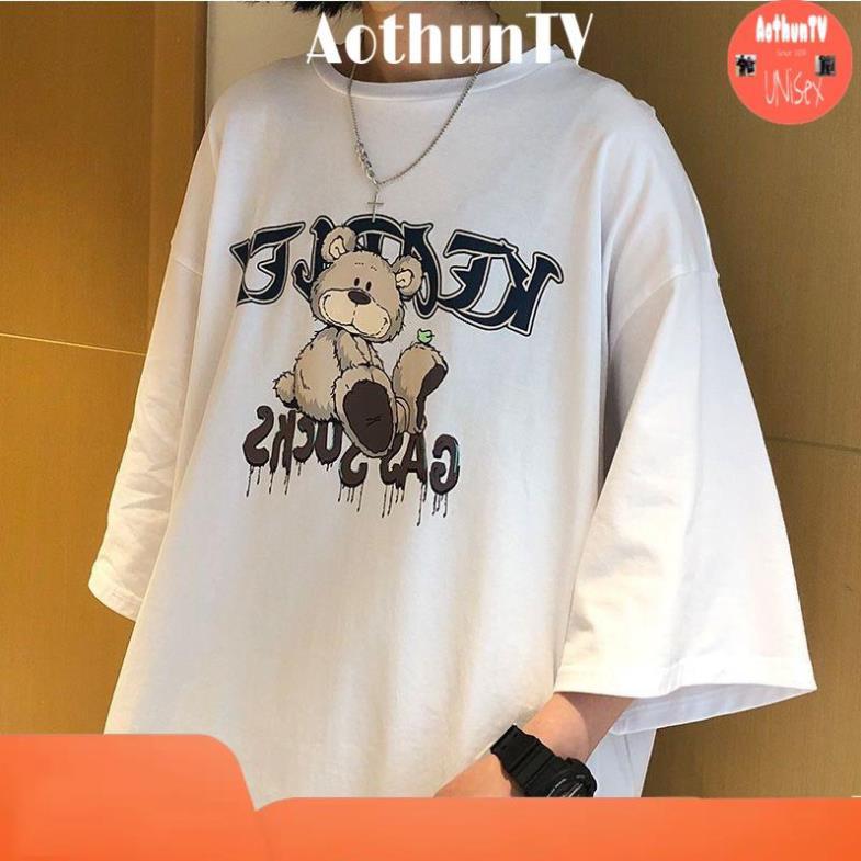 Áo thun tay lỡ, áo phông form rộng chất cotton mát mịn thấm hút mồ hôi in hình gấu